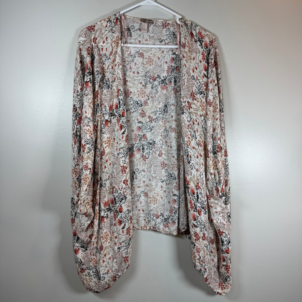 Forever 21 Floral Kimono Wrap Cardigan Cream Pink Womens M Boho Beachy Layering